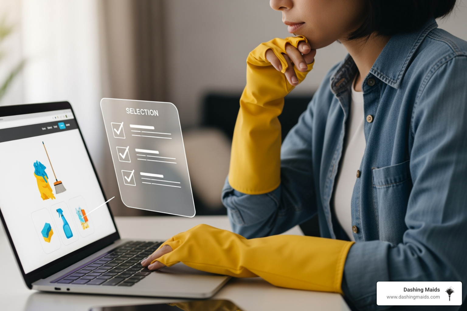 person on a laptop looking at a cleaning service website with a checklist graphic overlay - best move-in cleaning in wheat ridge co