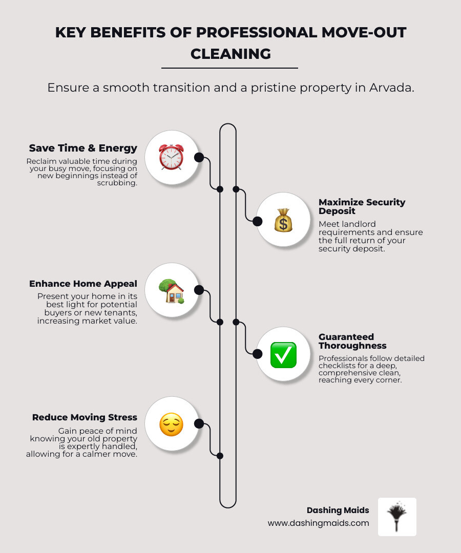 Infographic showing the key benefits of professional move-out cleaning: saves time during a busy move, ensures thoroughness with detailed checklists, increases security deposit returns for renters, enhances home appeal for sellers, reduces stress with guaranteed results, and uses eco-friendly products for health and safety - move-out cleaning service in arvada co infographic infographic-line-5-steps-elegant_beige Infographic showing the key benefits of professional move-out cleaning: saves time during a busy move, ensures thoroughness with detailed checklists, increases security deposit returns for renters, enhances home appeal for sellers, reduces stress with guaranteed results, and uses eco-friendly products for health and safety - move-out cleaning service in arvada co infographic infographic-line-5-steps-elegant_beige