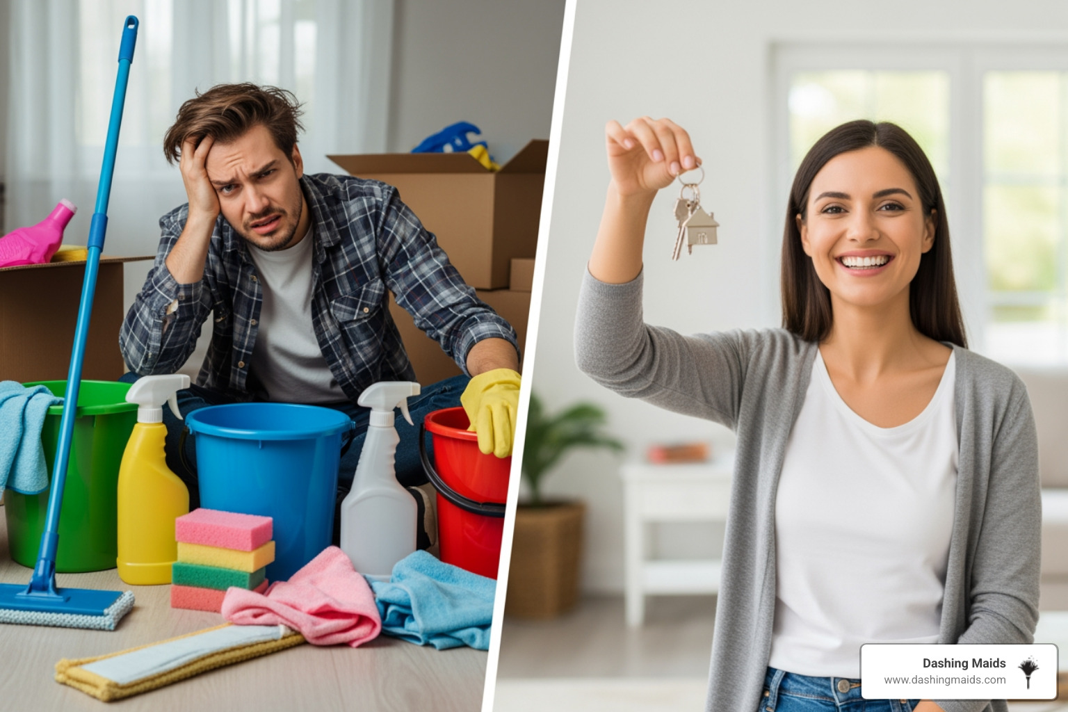 Stressed person with cleaning supplies vs. relaxed person with keys to new home - move-out cleaning service in arvada co Stressed person with cleaning supplies vs. relaxed person with keys to new home - move-out cleaning service in arvada co
