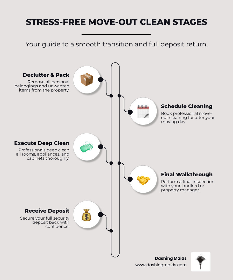 infographic showing the key stages of a stress-free move-out clean: declutter and pack belongings, schedule professional move-out cleaning after moving day, deep clean all rooms including appliances and cabinets, perform final walkthrough with landlord, and receive full security deposit - move-out cleaning service in central park co infographic infographic-line-5-steps-elegant_beige