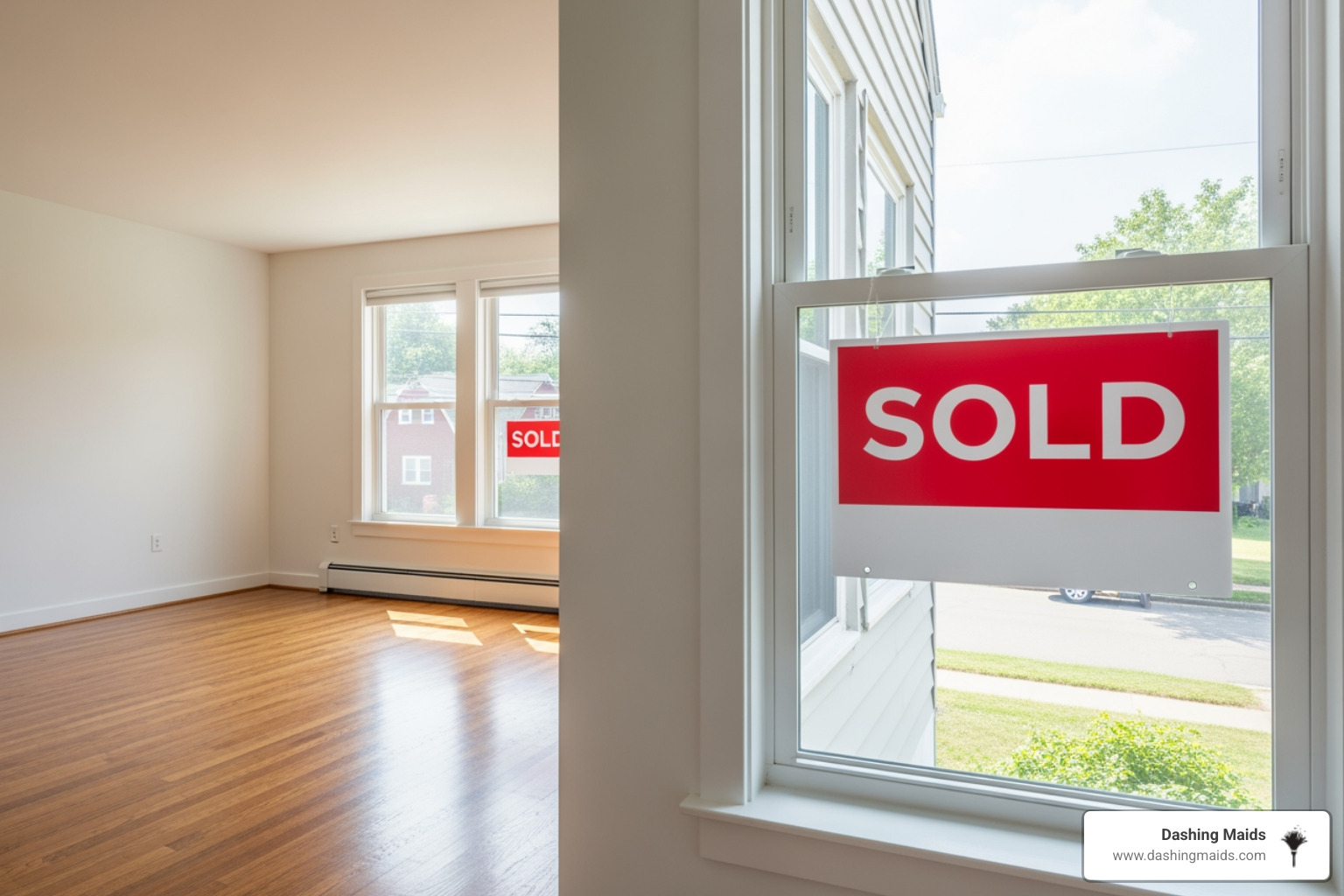 clean, empty apartment with a "Sold" or "Leased" sign visible through the window - move-out cleaning service in central park co