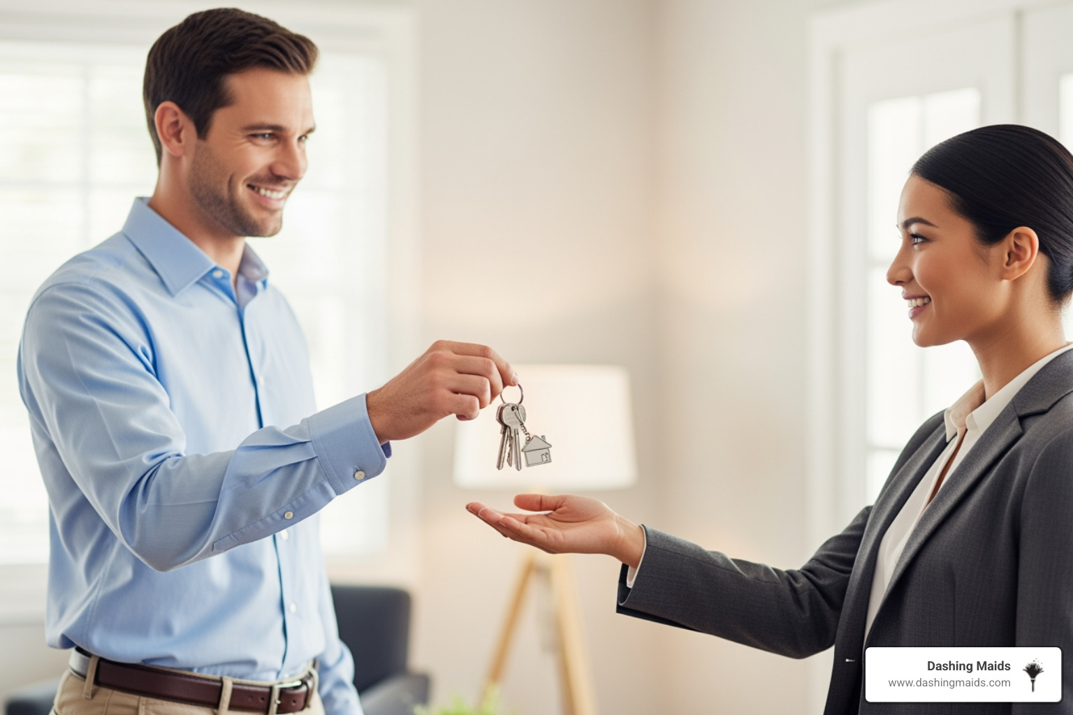 A person in casual clothes smiling and handing a set of keys to another person in business attire, symbolizing a smooth property handover. - best move-out cleaning in broomfield co A person in casual clothes smiling and handing a set of keys to another person in business attire, symbolizing a smooth property handover. - best move-out cleaning in broomfield co