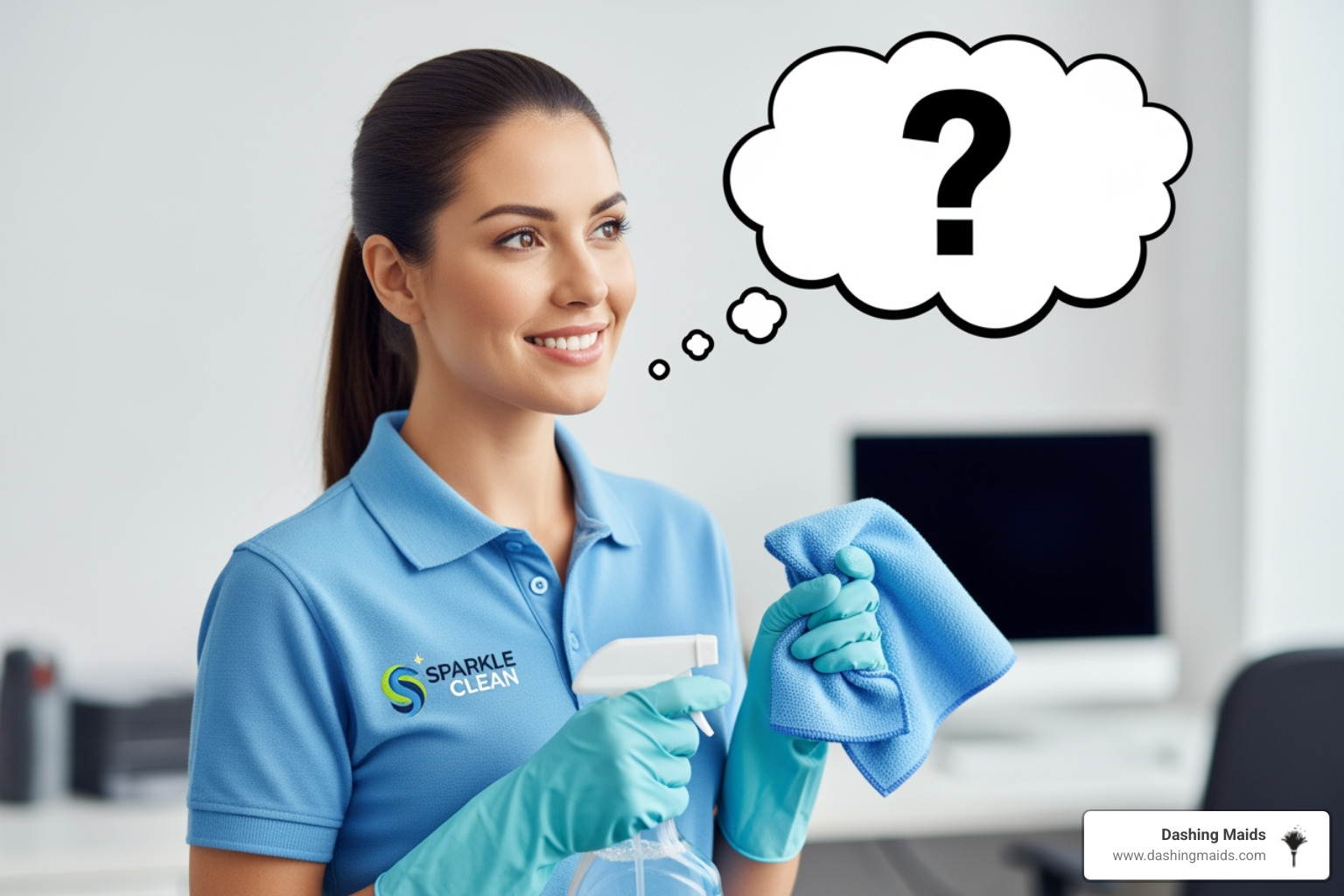 friendly cleaning professional with question mark speech bubble - best move-out cleaning in denver co friendly cleaning professional with question mark speech bubble - best move-out cleaning in denver co