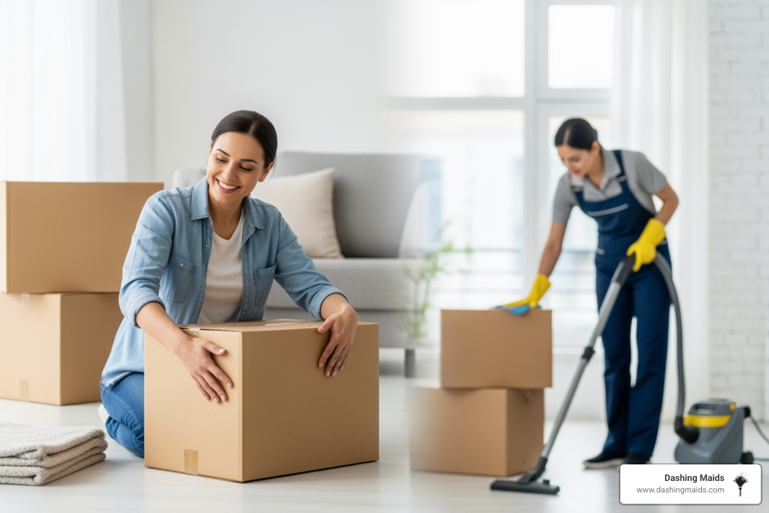 Person happily packing boxes while a professional cleaner works in another room - best move-out cleaning in lakewood co Person happily packing boxes while a professional cleaner works in another room - best move-out cleaning in lakewood co
