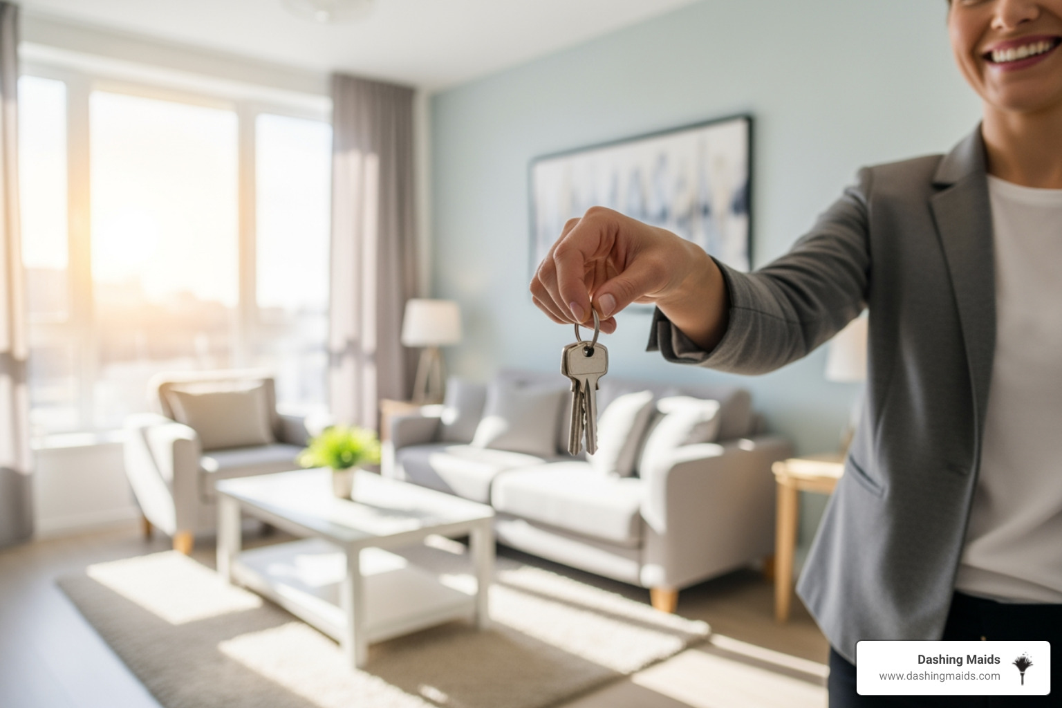 person smiling and handing keys over, with a clean apartment in the background - best move-out cleaning in golden co person smiling and handing keys over, with a clean apartment in the background - best move-out cleaning in golden co