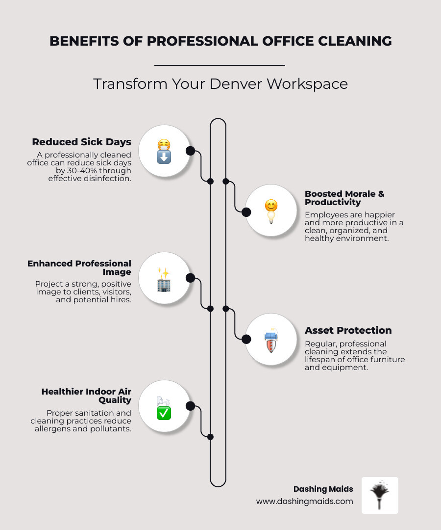 infographic showing benefits of professional office cleaning including 30-40% reduction in sick days, improved employee morale and productivity, enhanced professional image for clients and visitors, protection of office assets and furniture, and healthier indoor air quality through proper sanitation - "Find companies that provide office cleaning in Denver." infographic infographic-line-5-steps-elegant_beige infographic showing benefits of professional office cleaning including 30-40% reduction in sick days, improved employee morale and productivity, enhanced professional image for clients and visitors, protection of office assets and furniture, and healthier indoor air quality through proper sanitation - "Find companies that provide office cleaning in Denver." infographic infographic-line-5-steps-elegant_beige