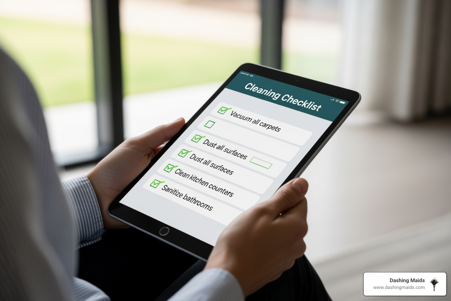 person reviewing cleaning company checklist tablet - best move-out cleaning in littleton co