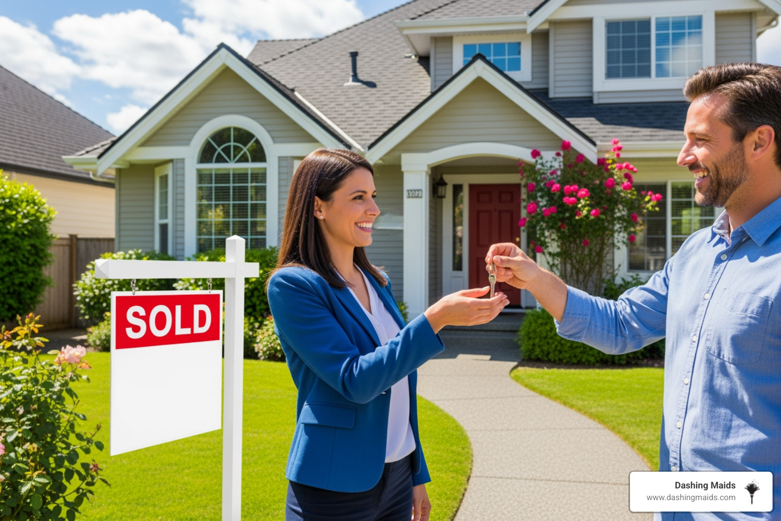 A happy person handing over keys to another person in front of a clean, well-maintained home with a "Sold" sign in the yard - move-out cleaning service in westminster co A happy person handing over keys to another person in front of a clean, well-maintained home with a "Sold" sign in the yard - move-out cleaning service in westminster co