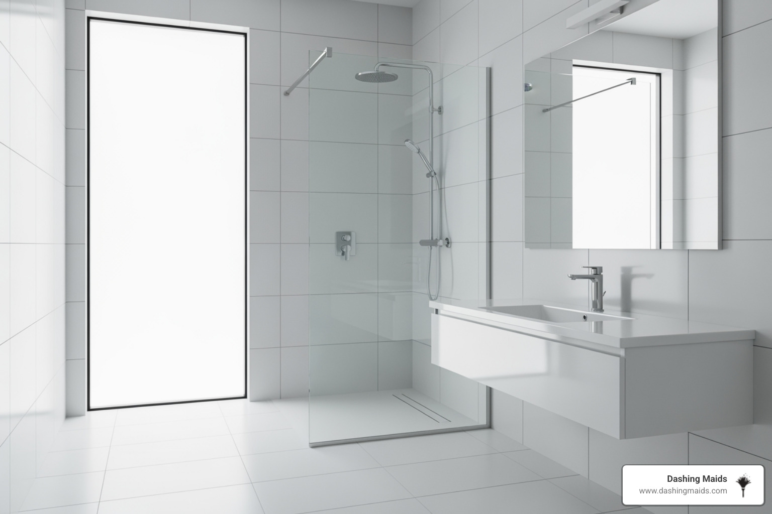 A pristine, empty bathroom with gleaming white tiles and a sparkling clean shower - move-out cleaning service in westminster co A pristine, empty bathroom with gleaming white tiles and a sparkling clean shower - move-out cleaning service in westminster co