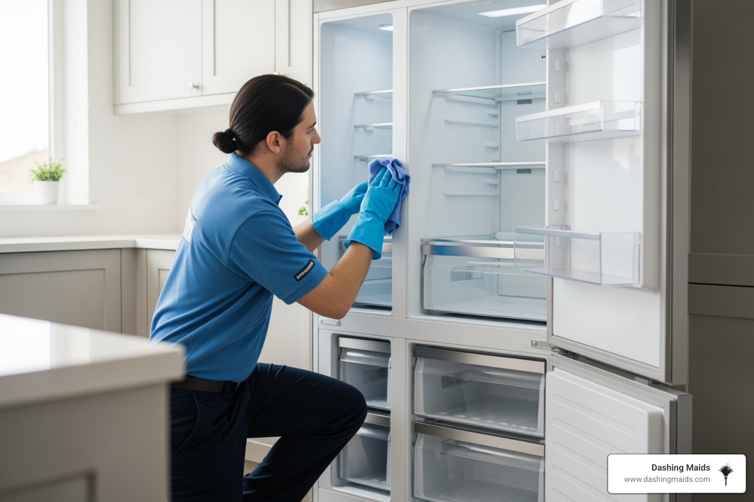 A cleaner carefully cleaning the inside of an empty refrigerator - best move-out cleaning in wheat ridge co