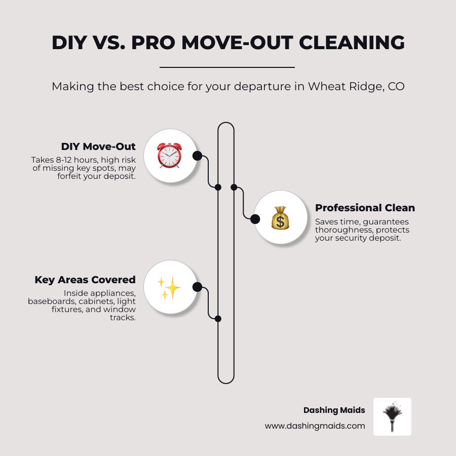 Infographic showing three columns: DIY Move-Out Clean (takes 8-12 hours, risk of missing spots, may forfeit deposit), Professional Move-Out Clean (saves time, guarantees thoroughness, protects your deposit), and Key Areas Covered (inside appliances, baseboards, cabinets, light fixtures, window tracks) - best move-out cleaning in wheat ridge co infographic infographic-line-3-steps-elegant_beige