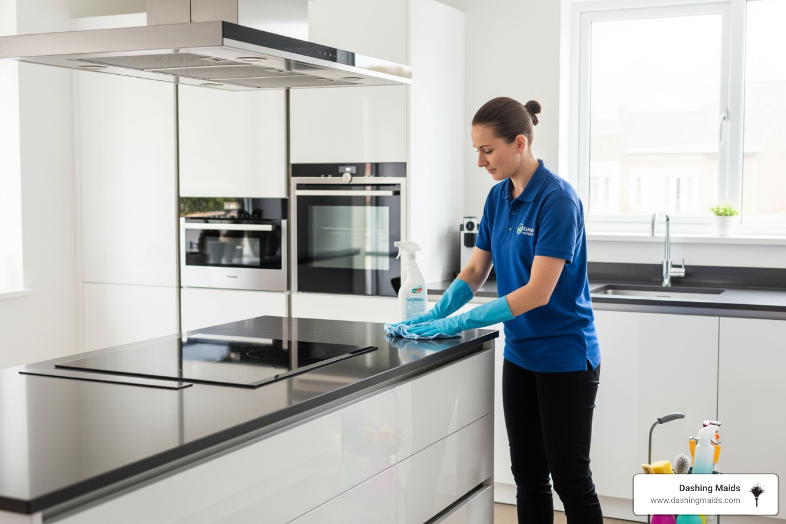 cleaning professional tidying a modern kitchen - recurring cleaning service in broomfield co