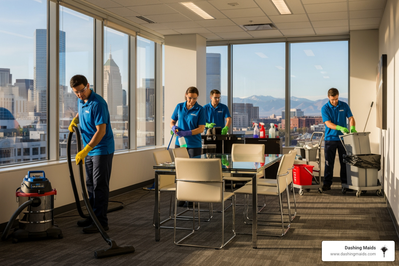 infographic showing benefits of professional commercial cleaning including improved employee productivity with 15% fewer sick days, enhanced client impressions with 87% of visitors noticing cleanliness first, better indoor air quality reducing allergens by up to 50%, and cost savings through extended equipment and flooring lifespan - commercial cleaning denver