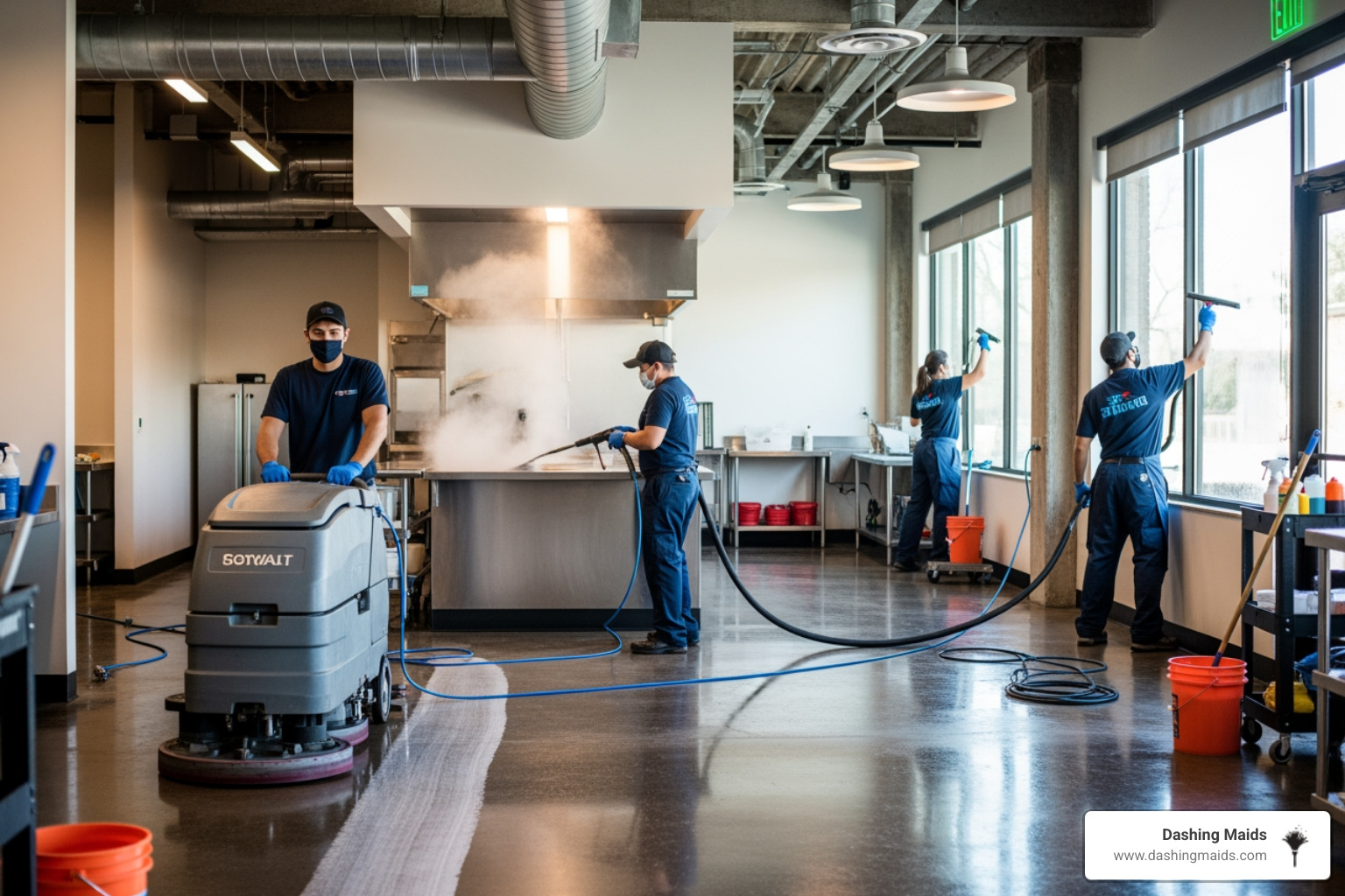 infographic comparing standard janitorial tasks like daily trash removal, surface wiping, and restroom restocking with deep cleaning tasks like high-dusting, carpet extraction, wall washing, grout scrubbing, and upholstery cleaning - commercial deep cleaning in arvada, co