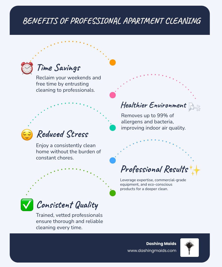 infographic showing benefits of professional apartment cleaning including time savings, improved air quality through allergen removal, reduced stress, healthier living environment with disinfected surfaces, professional-grade equipment and techniques, and consistent thorough results from trained specialists - best apartment cleaning in arvada, co infographic infographic-line-5-steps-blues-accent_colors