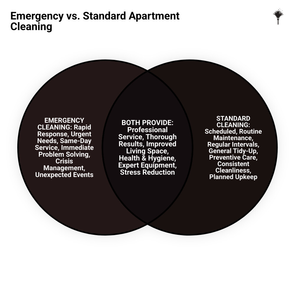 infographic showing emergency apartment cleaning timeline: call placed, team dispatched within hours, deep cleaning completed same day, apartment restored to pristine condition - emergency apartment cleaning in arvada, co infographic venn_diagram