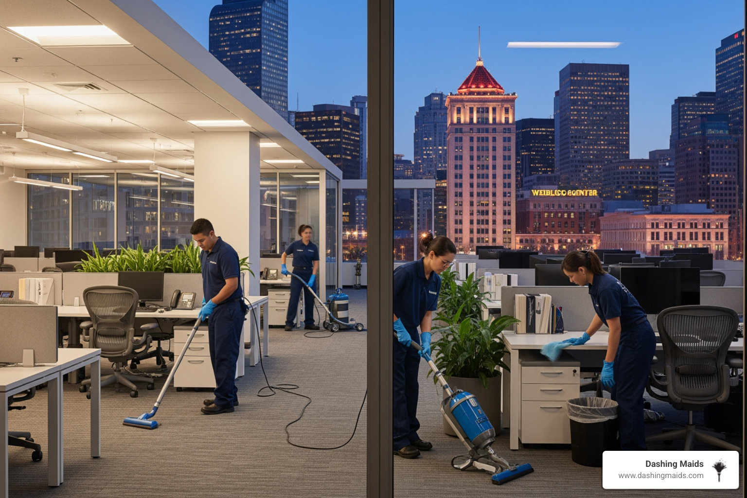 infographic showing the connection between office cleanliness and key business outcomes: reduced employee sick days by up to 30%, improved productivity and concentration, positive first impressions for 85% of clients visiting clean offices, extended lifespan of office furniture and flooring, and healthier indoor air quality with fewer allergens - "What are the best options for professional office cleaning in Denver?