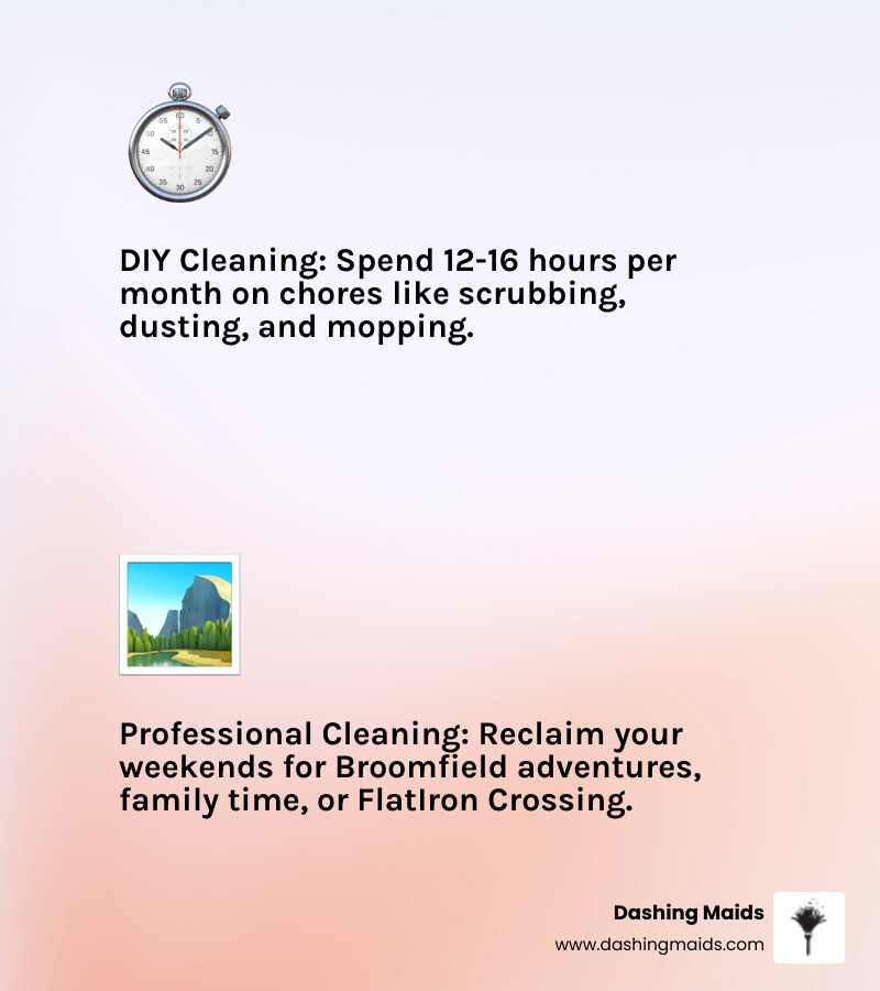 infographic showing time saved per month using professional cleaning service versus DIY cleaning, including hours spent on kitchen cleaning, bathroom sanitization, dusting, vacuuming, and mopping, with a visual comparison of 12-16 hours DIY versus 0 hours with professional service, plus free time activities like hiking trails, shopping at FlatIron Crossing, and family time - local apartment cleaning in broomfield, co infographic 2_facts_emoji_light-gradient