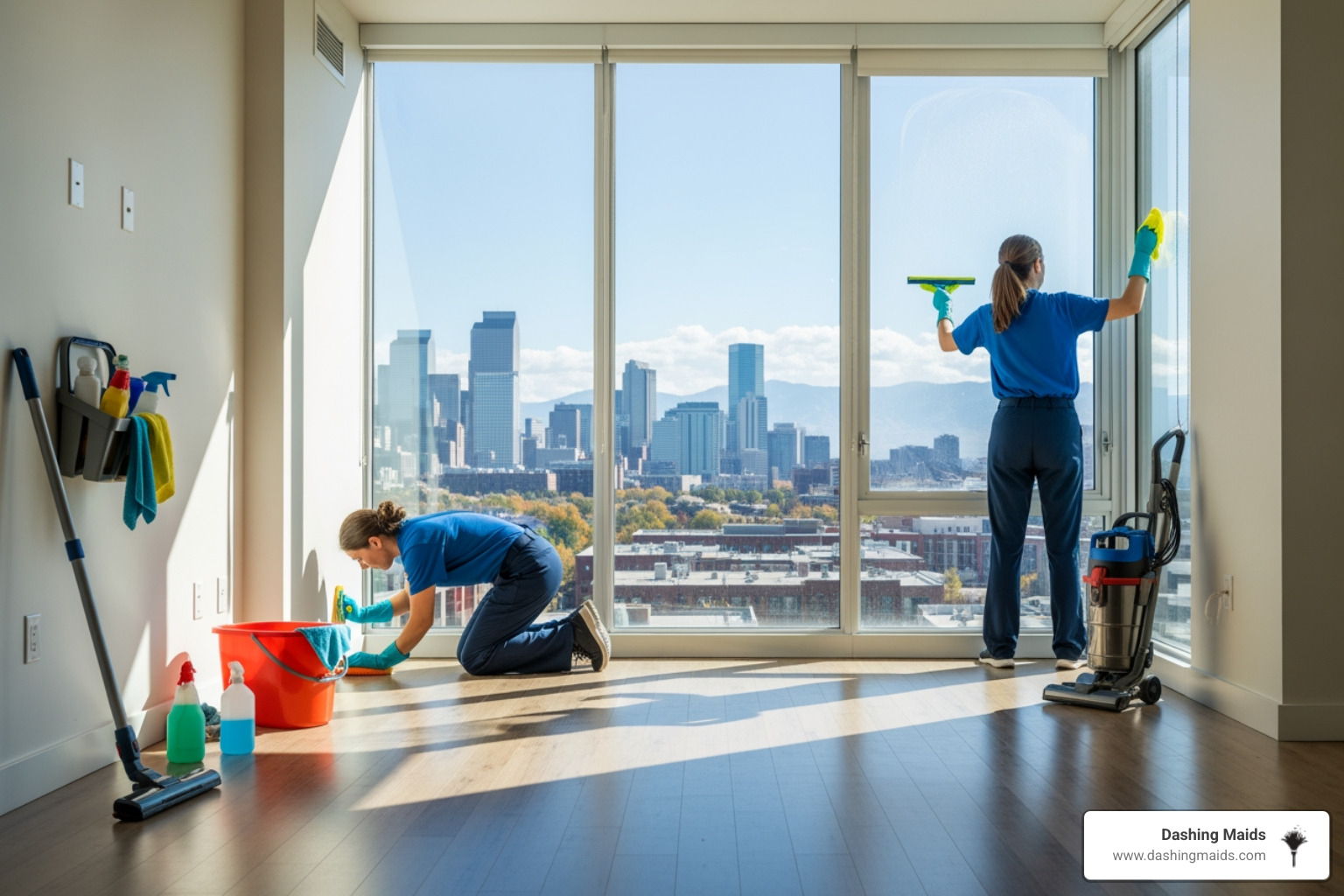 sparkling clean, empty Denver apartment with large windows showing the city skyline - move-out cleaning in denver, co