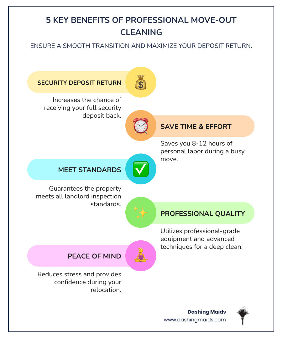 Infographic showing 5 key benefits of professional move-out cleaning: 1. Higher chance of full security deposit return, 2. Saves 8-12 hours of personal labor, 3. Meets landlord inspection standards, 4. Uses professional-grade equipment and techniques, 5. Provides peace of mind during a stressful move - move-out cleaning in denver, co infographic infographic-line-5-steps-colors