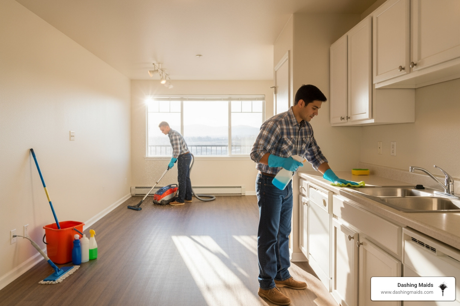 Infographic showing the key stages of a professional move-out clean: Start at the top with ceilings, fans, and light fixtures; move to walls, windows, and baseboards; deep clean kitchens including inside cabinets and appliances; sanitize bathrooms including tubs, showers, and toilets; finish with floors by vacuuming and mopping throughout - move-out cleaning in arvada, co