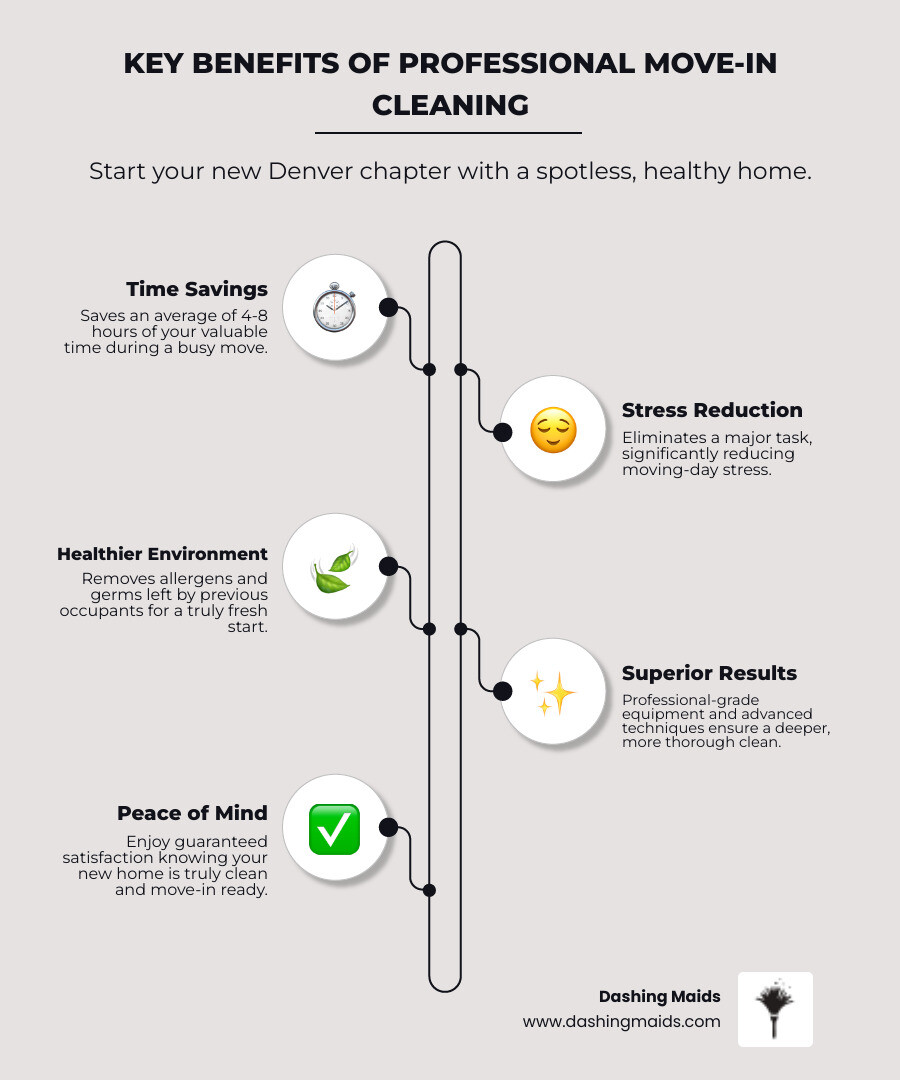 Infographic showing the key benefits of professional move-in cleaning: saves an average of 4-8 hours of your time, reduces moving stress by eliminating one major task, ensures a healthier environment by removing allergens and germs left by previous occupants, uses professional-grade equipment for superior results, and provides peace of mind with satisfaction guarantees - move-in cleaning in denver, co infographic