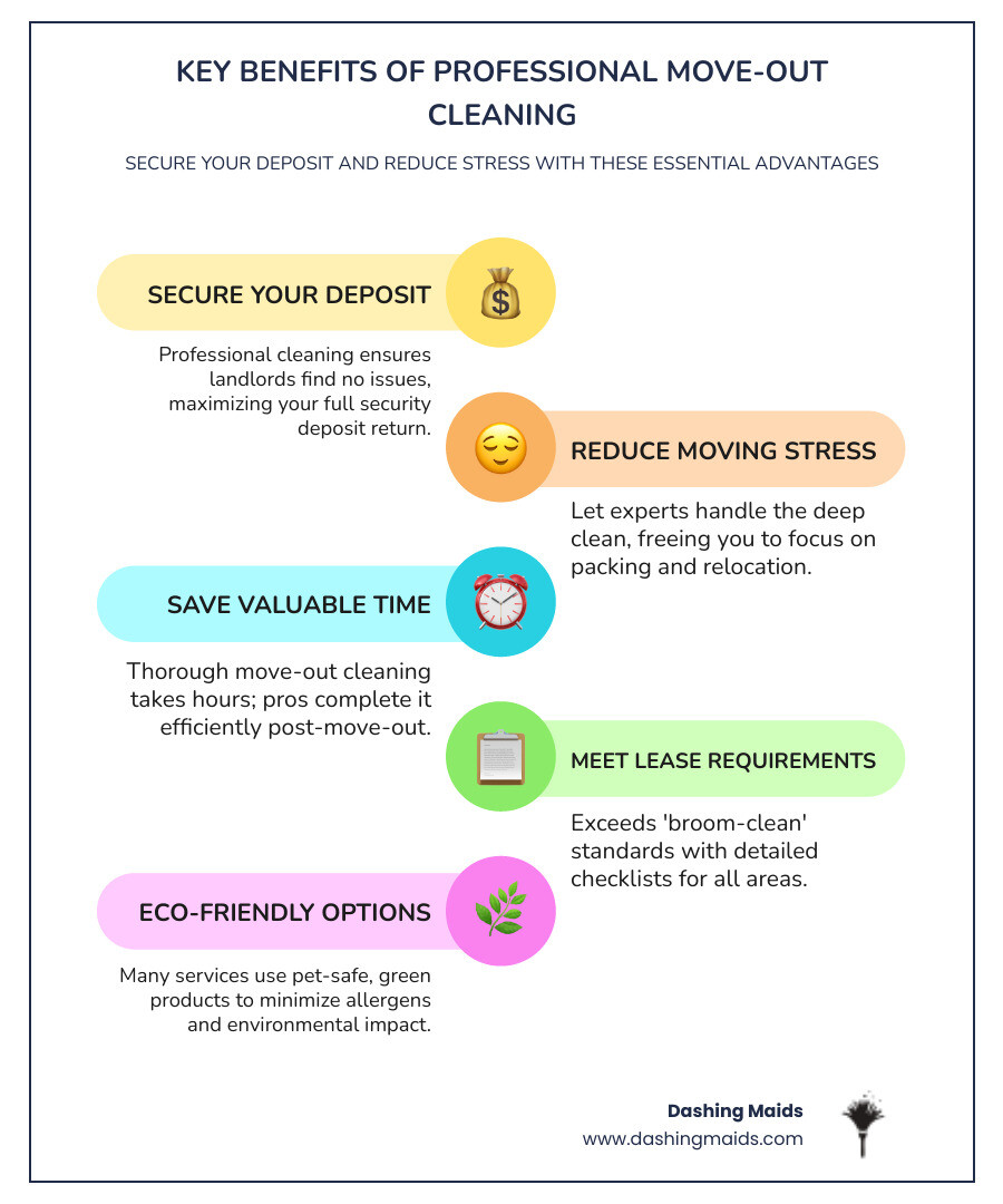 Infographic showing the key benefits of professional move-out cleaning in Central Park CO: secure your deposit, reduce moving stress, save time, meet lease requirements, eco-friendly products, and satisfaction guaranteed — with a 5-step checklist covering kitchen appliances, bathrooms, baseboards, cabinets, and floors - "I need a move-out cleaning service in Central Park, CO. What are my options?" infographic infographic-line-5-steps-colors Infographic showing the key benefits of professional move-out cleaning in Central Park CO: secure your deposit, reduce moving stress, save time, meet lease requirements, eco-friendly products, and satisfaction guaranteed — with a 5-step checklist covering kitchen appliances, bathrooms, baseboards, cabinets, and floors - "I need a move-out cleaning service in Central Park, CO. What are my options?" infographic infographic-line-5-steps-colors