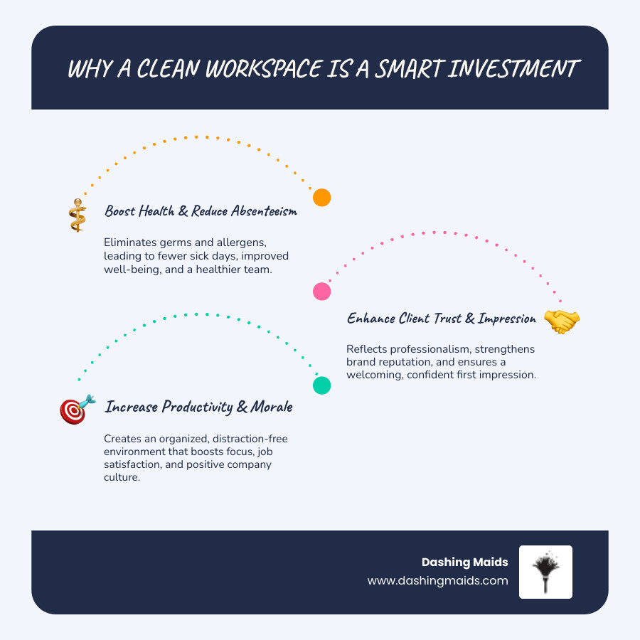 Infographic showing how commercial cleaning improves business performance: top section displays a clean office reducing employee sick days by eliminating bacteria and allergens; middle section shows professional spaces building client trust and confidence; bottom section illustrates organized workspaces boosting focus and productivity while reducing distractions - commercial maid services in denver, co infographic infographic-line-3-steps-blues-accent_colors