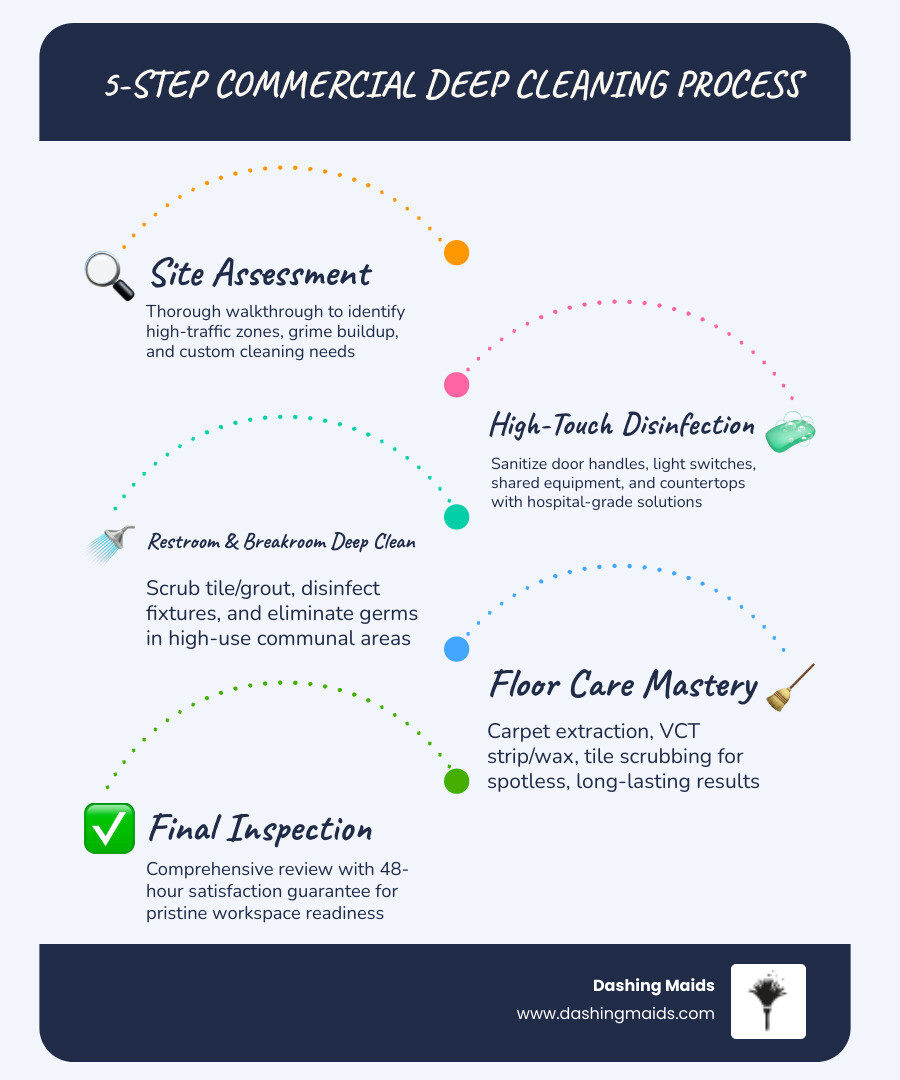 Infographic showing a 5-step commercial deep cleaning process: Step 1 - Site Assessment and Custom Plan; Step 2 - High-Touch Surface Disinfection including door handles, switches, and shared equipment; Step 3 - Deep Clean of Restrooms and Breakrooms with sanitized fixtures and scrubbed grout; Step 4 - Floor Care including carpet extraction, tile scrubbing, and VCT strip and wax; Step 5 - Final Inspection and Satisfaction Review with a 48-hour guarantee window - commercial deep cleaning in central park, co infographic infographic-line-5-steps-blues-accent_colors Infographic showing a 5-step commercial deep cleaning process: Step 1 - Site Assessment and Custom Plan; Step 2 - High-Touch Surface Disinfection including door handles, switches, and shared equipment; Step 3 - Deep Clean of Restrooms and Breakrooms with sanitized fixtures and scrubbed grout; Step 4 - Floor Care including carpet extraction, tile scrubbing, and VCT strip and wax; Step 5 - Final Inspection and Satisfaction Review with a 48-hour guarantee window - commercial deep cleaning in central park, co infographic infographic-line-5-steps-blues-accent_colors