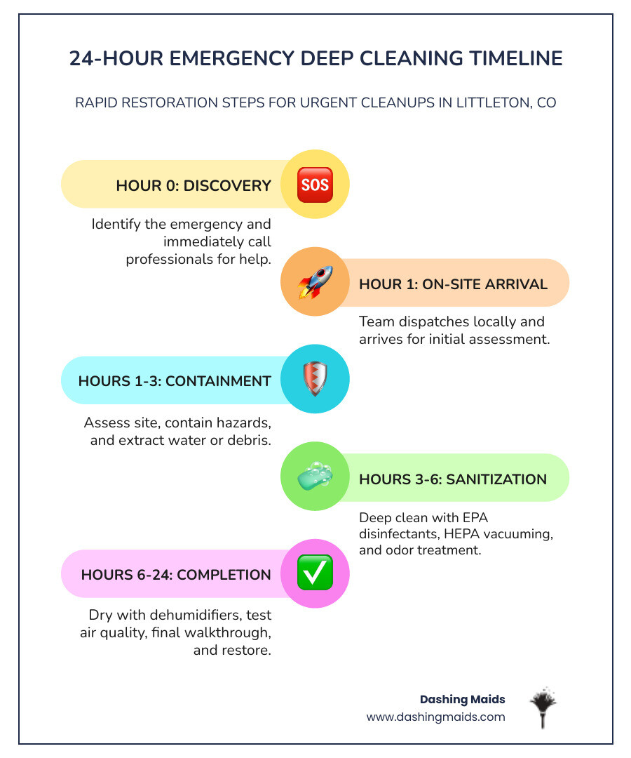 Infographic showing a 24-hour emergency deep cleaning timeline in Littleton CO: Hour 0 - Discovery and call to professionals; Hour 1 - Team dispatch and on-site arrival; Hours 1-3 - Site assessment, containment, and water or debris extraction; Hours 3-6 - Deep sanitization with EPA-registered disinfectants, HEPA vacuuming, and odor treatment; Hours 6-12 - Drying, dehumidification, and air quality check; Hours 12-24 - Final walkthrough, documentation for insurance, and restoration complete - emergency deep cleaning in littleton, co infographic infographic-line-5-steps-colors Infographic showing a 24-hour emergency deep cleaning timeline in Littleton CO: Hour 0 - Discovery and call to professionals; Hour 1 - Team dispatch and on-site arrival; Hours 1-3 - Site assessment, containment, and water or debris extraction; Hours 3-6 - Deep sanitization with EPA-registered disinfectants, HEPA vacuuming, and odor treatment; Hours 6-12 - Drying, dehumidification, and air quality check; Hours 12-24 - Final walkthrough, documentation for insurance, and restoration complete - emergency deep cleaning in littleton, co infographic infographic-line-5-steps-colors