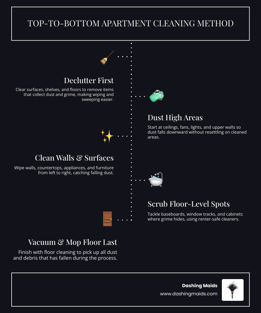 Infographic showing top-to-bottom apartment cleaning method for renters with room-by-room checklist - apartment cleaning Infographic showing top-to-bottom apartment cleaning method for renters with room-by-room checklist - apartment cleaning
