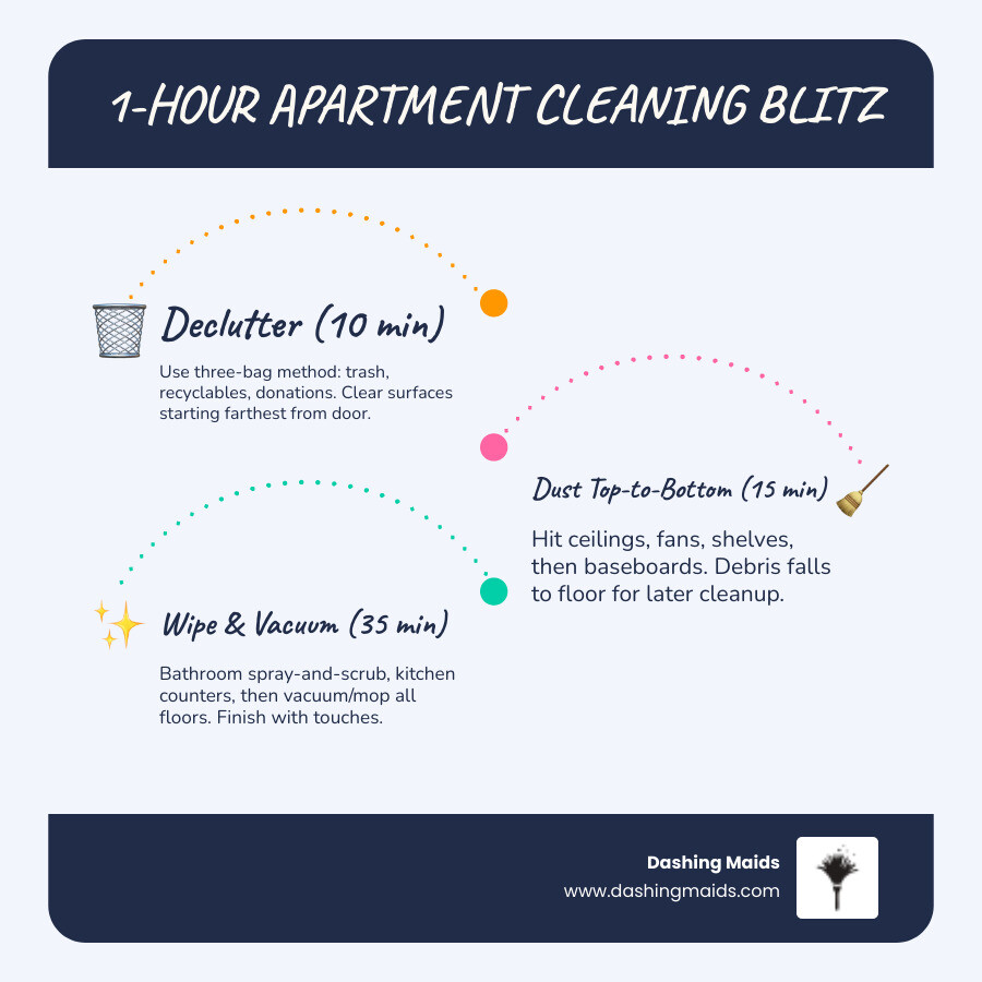 Infographic showing a 1-hour apartment cleaning blitz broken into room-by-room timed steps - how to clean an apartment Infographic showing a 1-hour apartment cleaning blitz broken into room-by-room timed steps - how to clean an apartment