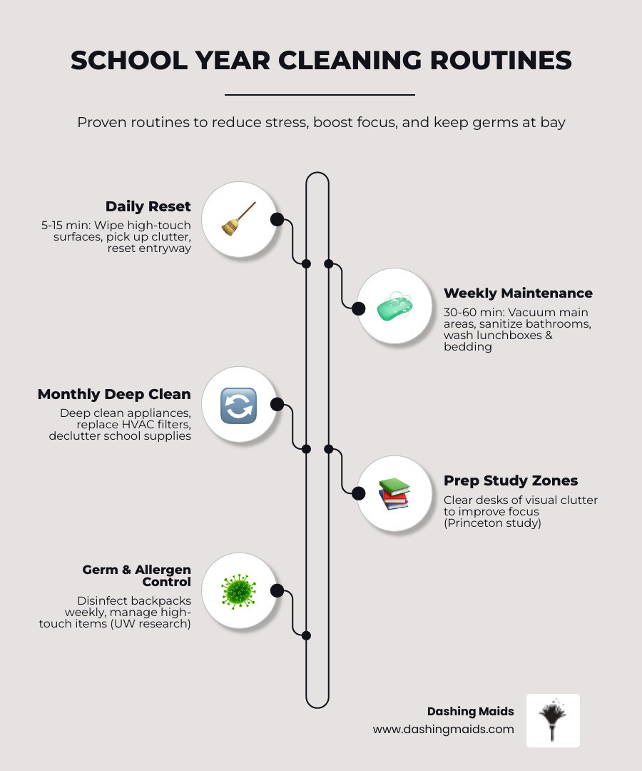 Infographic showing daily, weekly, and monthly school year cleaning routines linked to reduced stress and better student