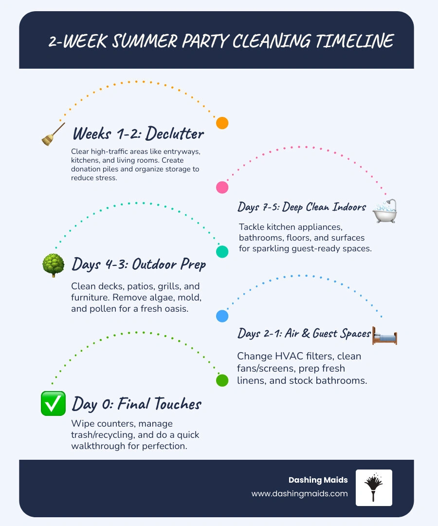 2-week summer party cleaning prep timeline infographic with indoor and outdoor tasks by day - summer entertaining cleaning 2-week summer party cleaning prep timeline infographic with indoor and outdoor tasks by day - summer entertaining cleaning
