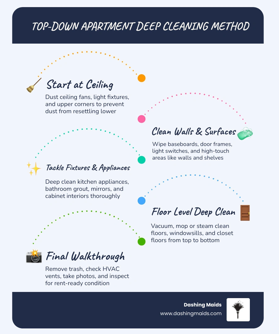 Infographic showing top-down apartment deep cleaning checklist steps by room for tenants - apartment deep cleaning checklist Infographic showing top-down apartment deep cleaning checklist steps by room for tenants - apartment deep cleaning checklist