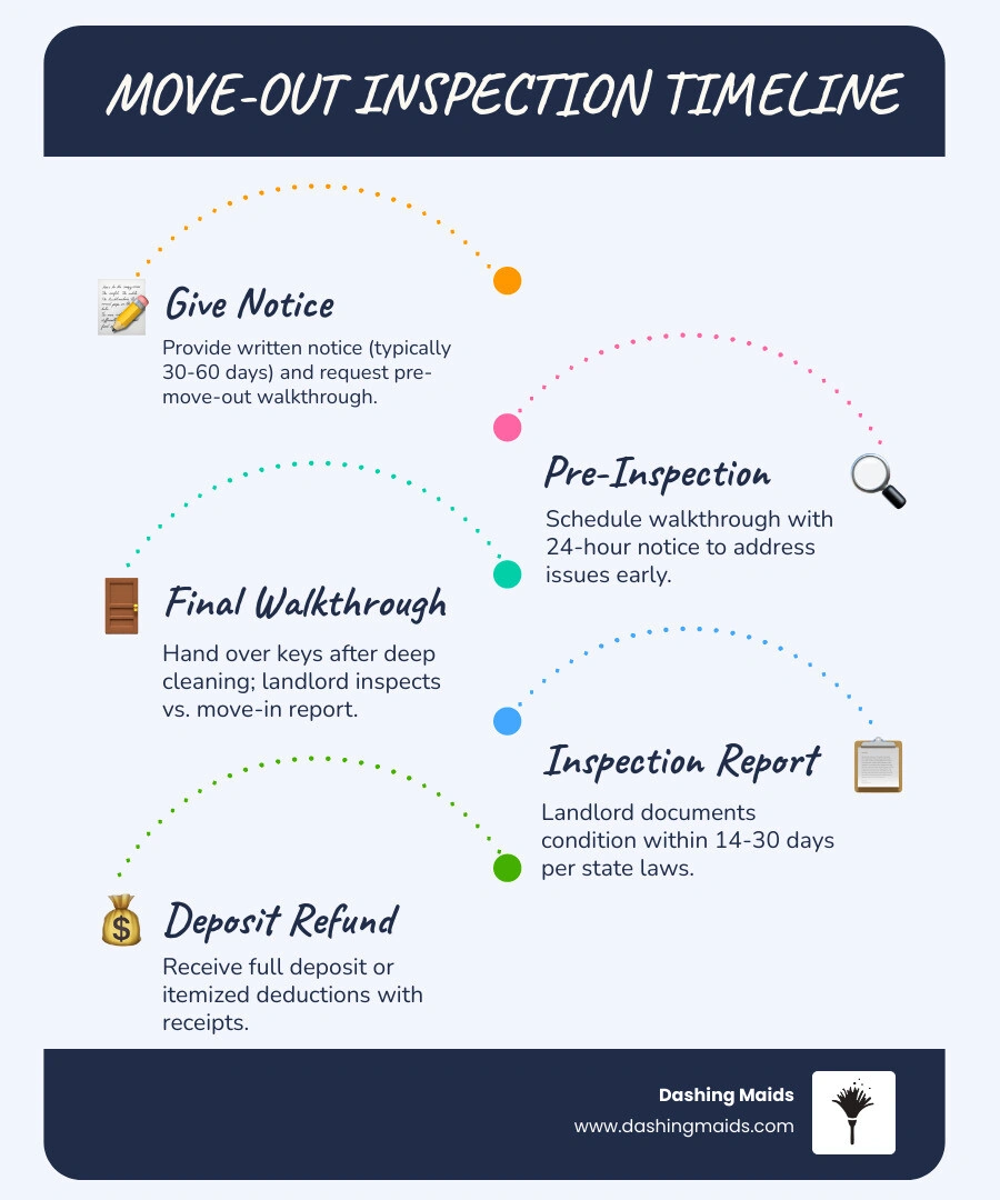 Move-out inspection timeline infographic showing steps from notice to deposit return - what landlords look for during move Move-out inspection timeline infographic showing steps from notice to deposit return - what landlords look for during move