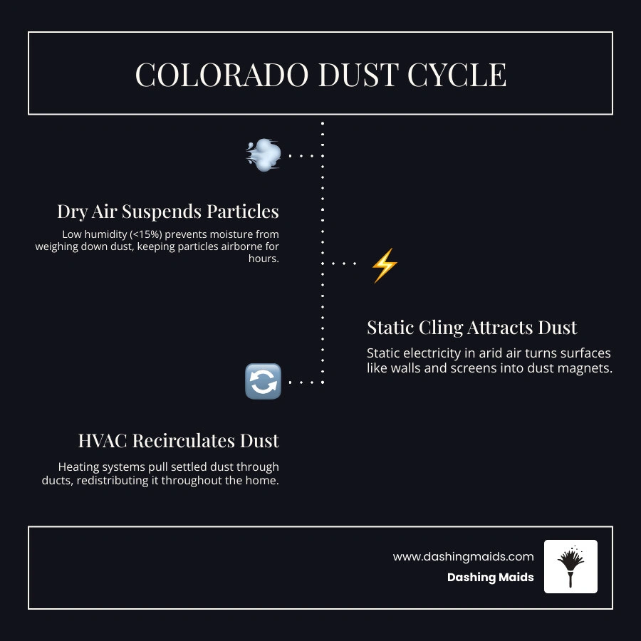 Infographic showing Colorado Dust Cycle: dry air keeps particles airborne, static clings dust to surfaces, HVAC recirculates Infographic showing Colorado Dust Cycle: dry air keeps particles airborne, static clings dust to surfaces, HVAC recirculates