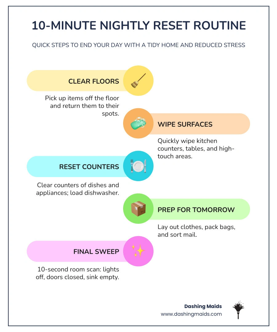 infographic showing 10-minute nightly reset routine steps for a clean family home infographic