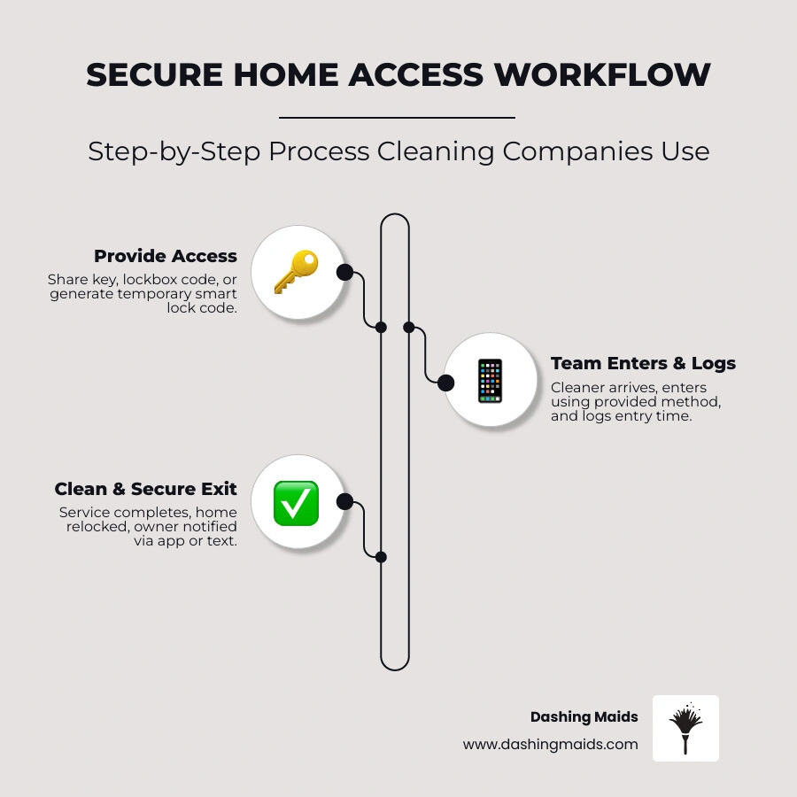 Secure home access workflow infographic: key handoff, lockbox, smart lock, alarm setup, and entry logging steps infographic Secure home access workflow infographic: key handoff, lockbox, smart lock, alarm setup, and entry logging steps infographic