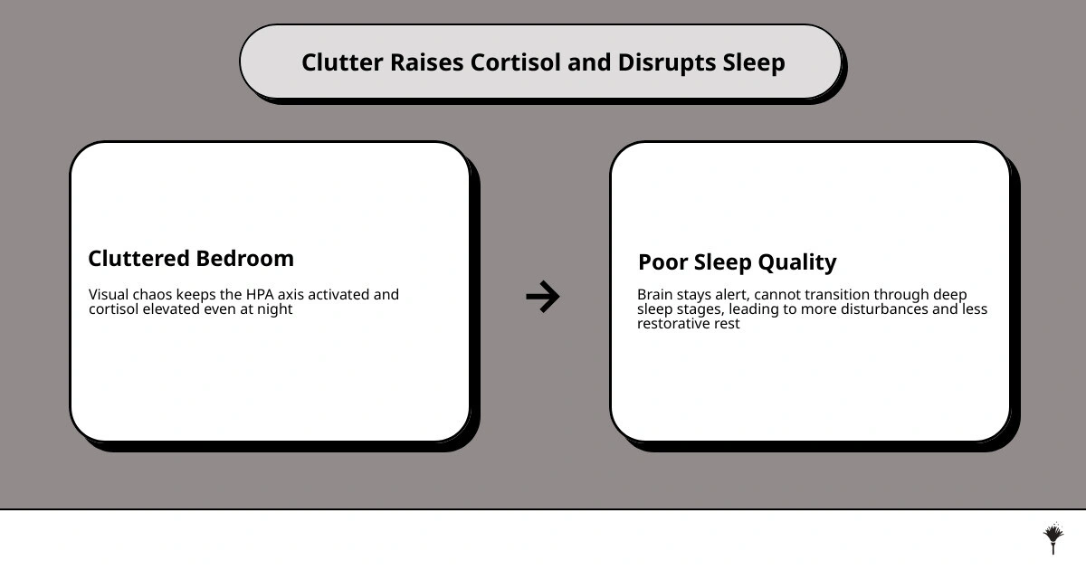 Infographic showing how clutter raises cortisol, disrupts sleep stages, and how a clean bedroom improves rest quality Infographic showing how clutter raises cortisol, disrupts sleep stages, and how a clean bedroom improves rest quality