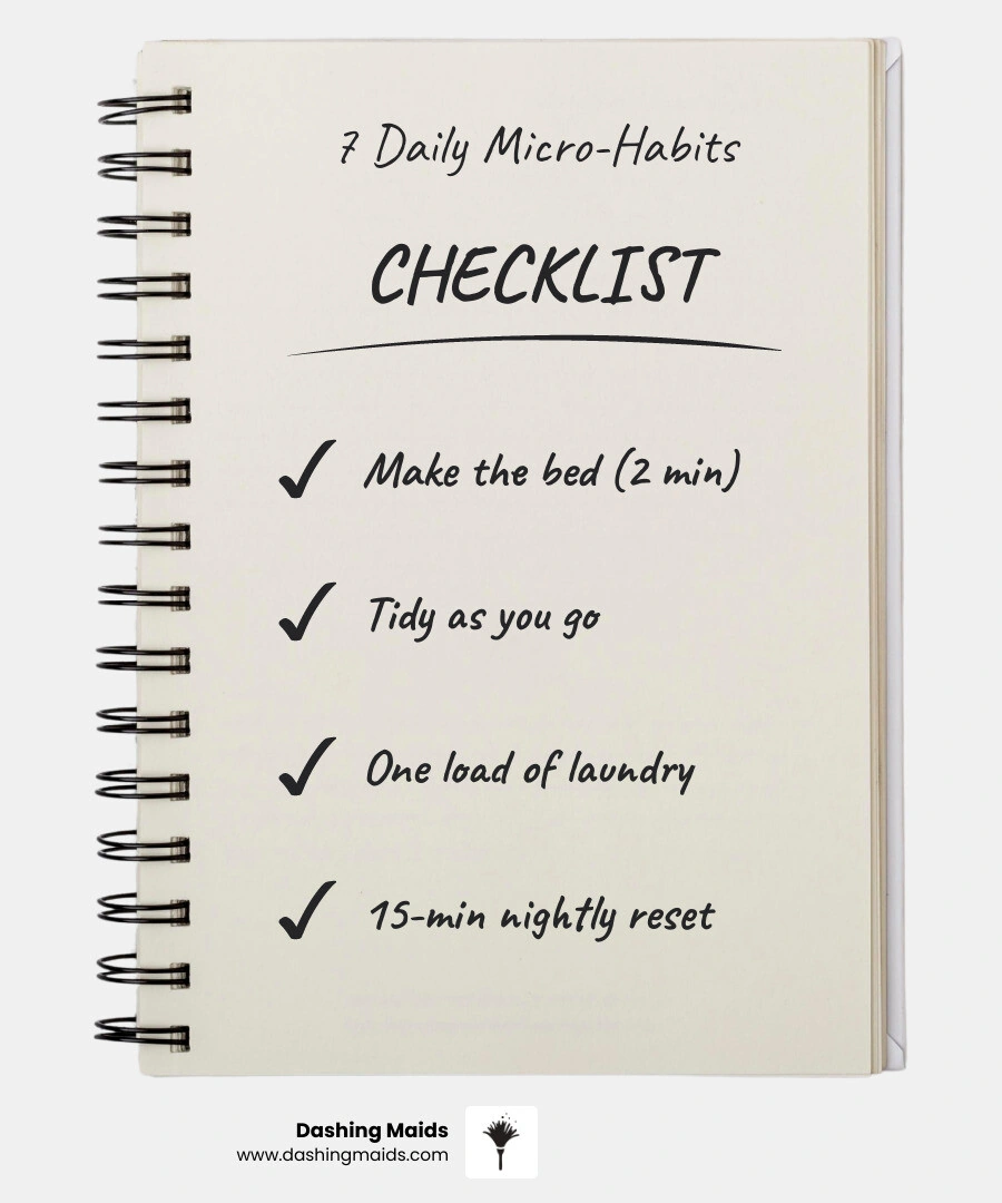 Infographic showing 7 daily micro-habits that keep a home tidy longer with time estimates for each infographic Infographic showing 7 daily micro-habits that keep a home tidy longer with time estimates for each infographic