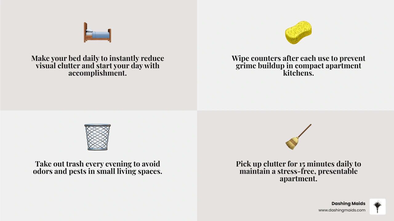 Infographic showing daily, weekly, monthly, and seasonal apartment cleaning tasks at a glance - best cleaning schedule for Infographic showing daily, weekly, monthly, and seasonal apartment cleaning tasks at a glance - best cleaning schedule for