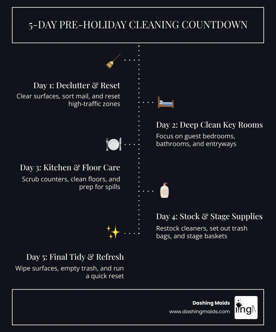 infographic showing 5-day pre-holiday cleaning countdown with rooms assigned to each day infographic infographic showing 5-day pre-holiday cleaning countdown with rooms assigned to each day infographic
