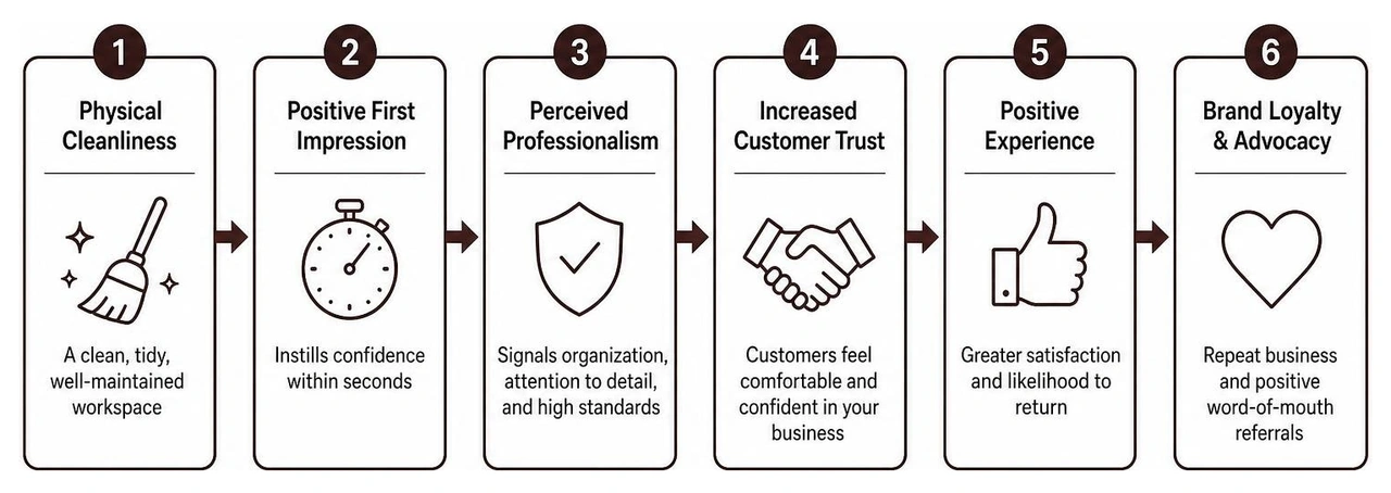 Cause-and-effect chain showing how physical cleanliness leads to increased customer trust and brand loyalty Cause-and-effect chain showing how physical cleanliness leads to increased customer trust and brand loyalty