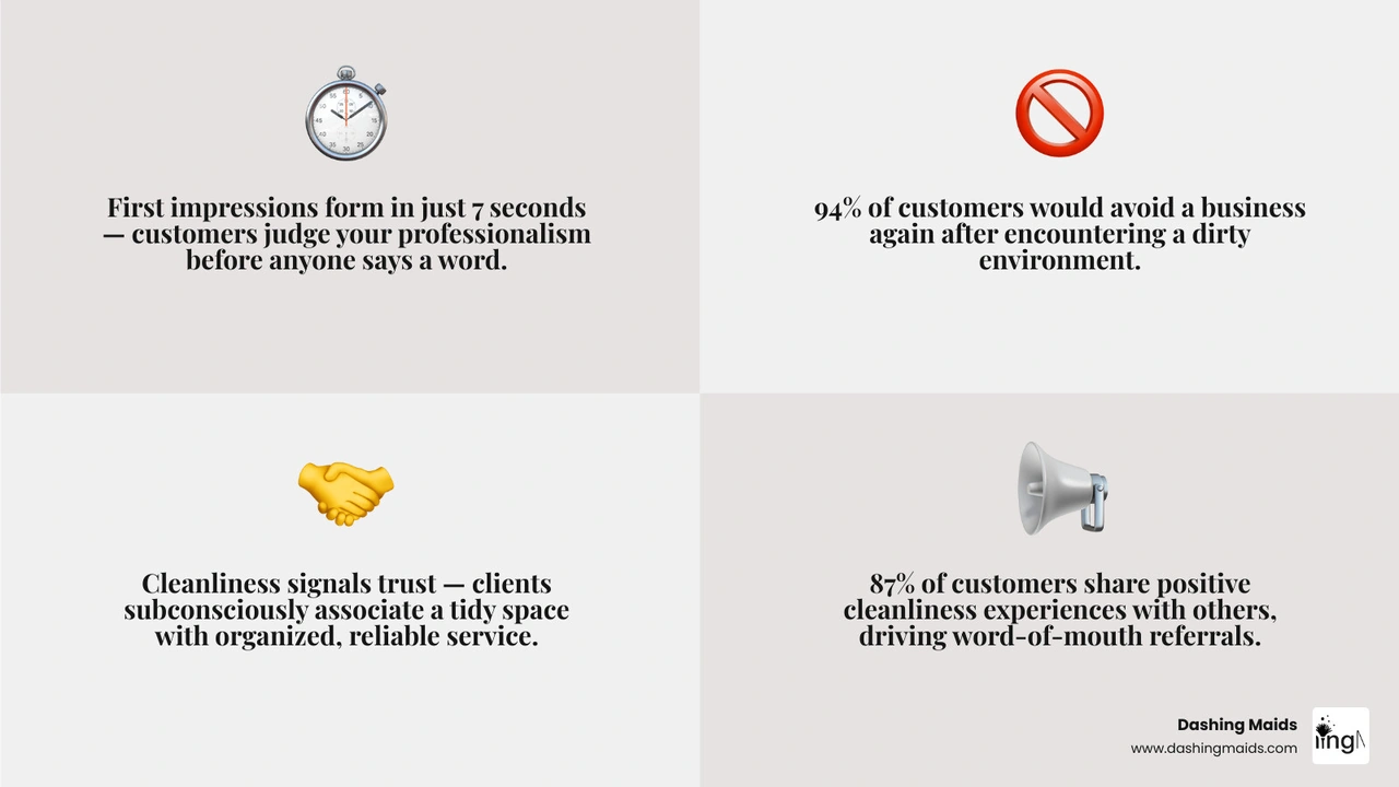 Infographic showing psychological impact of office cleanliness on customer trust brand perception and employee productivity Infographic showing psychological impact of office cleanliness on customer trust brand perception and employee productivity