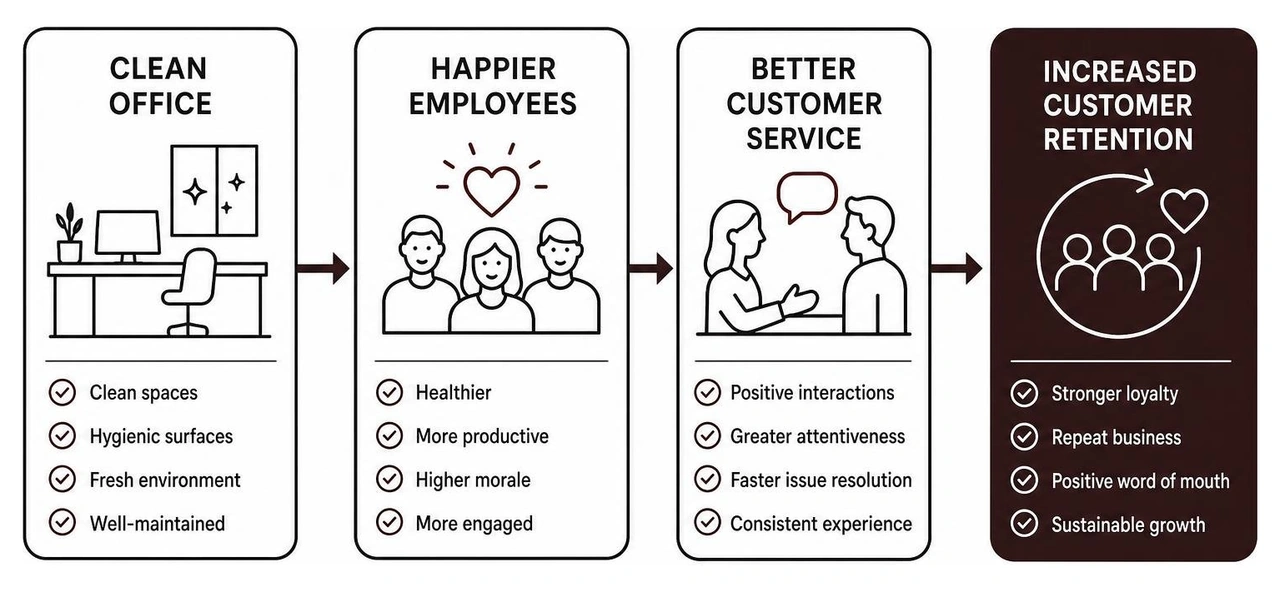 Process diagram showing how a clean office leads to happier employees, better customer service, and increased customer Process diagram showing how a clean office leads to happier employees, better customer service, and increased customer