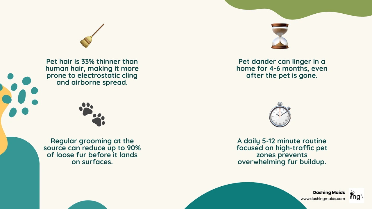 Three-layer pet hair management system: grooming, laundry interception, daily surface removal infographic Three-layer pet hair management system: grooming, laundry interception, daily surface removal infographic