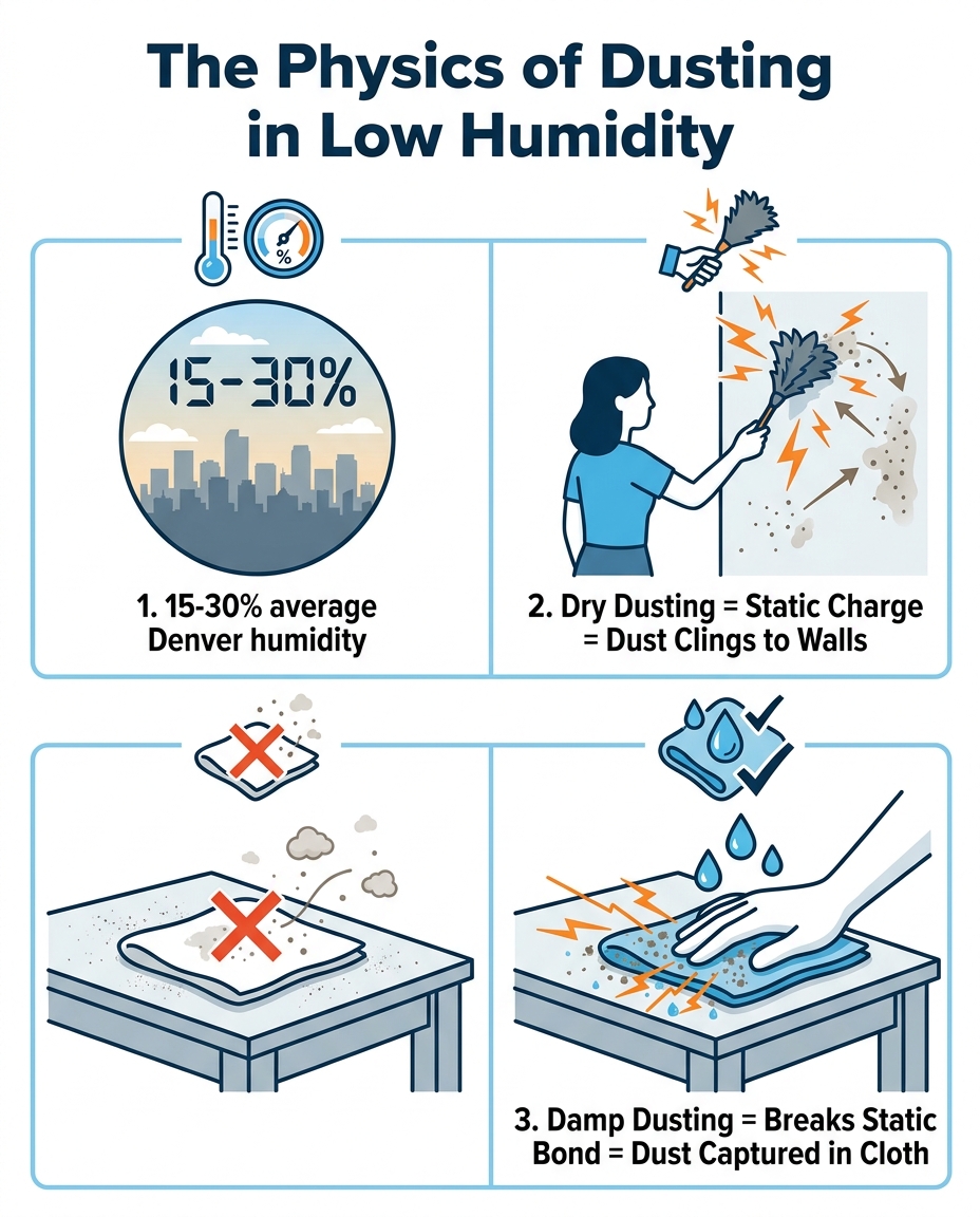 The Physics of Dusting in Low Humidity