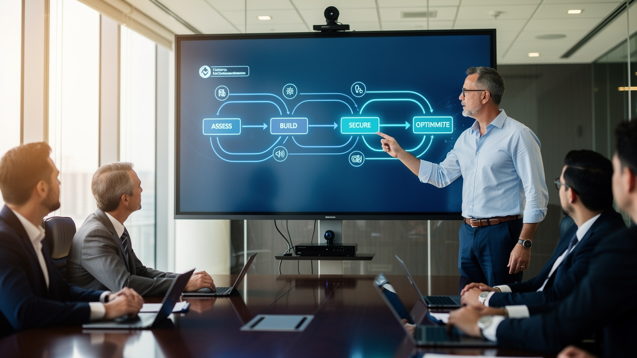 IT consultant presenting AI strategy roadmap to business executives
