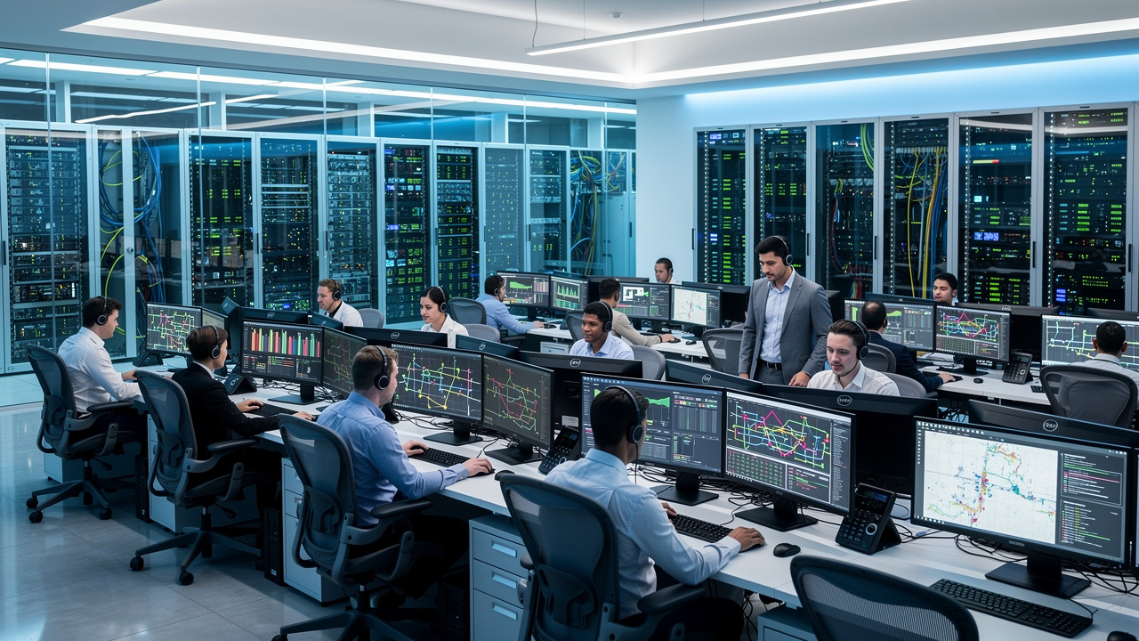 Managed IT services team monitoring network operations center
